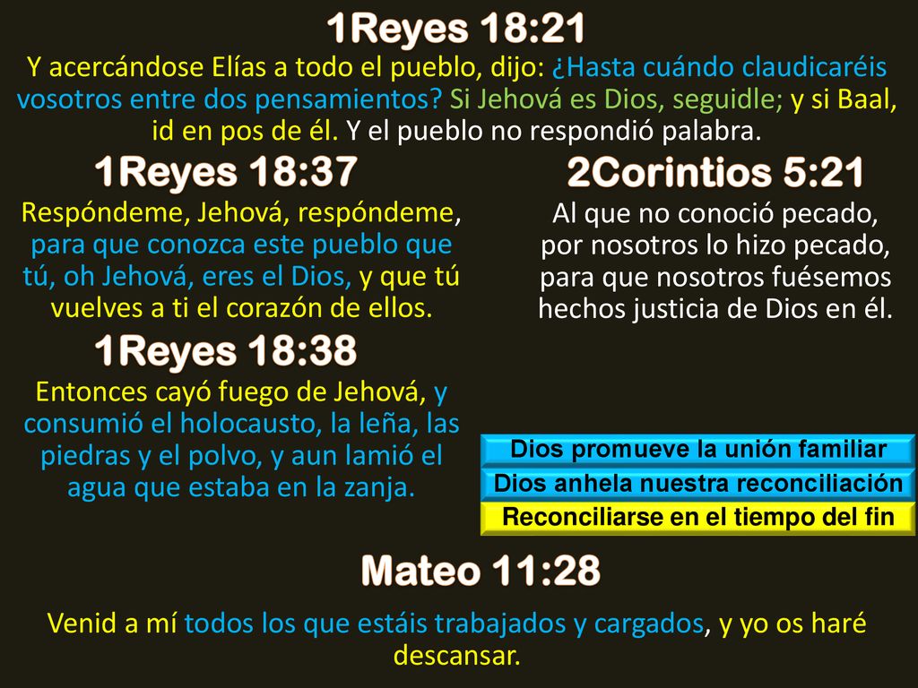 1Reyes 18:21 1Reyes 18:37 2Corintios 5:21 1Reyes 18:38 Mateo 11:28