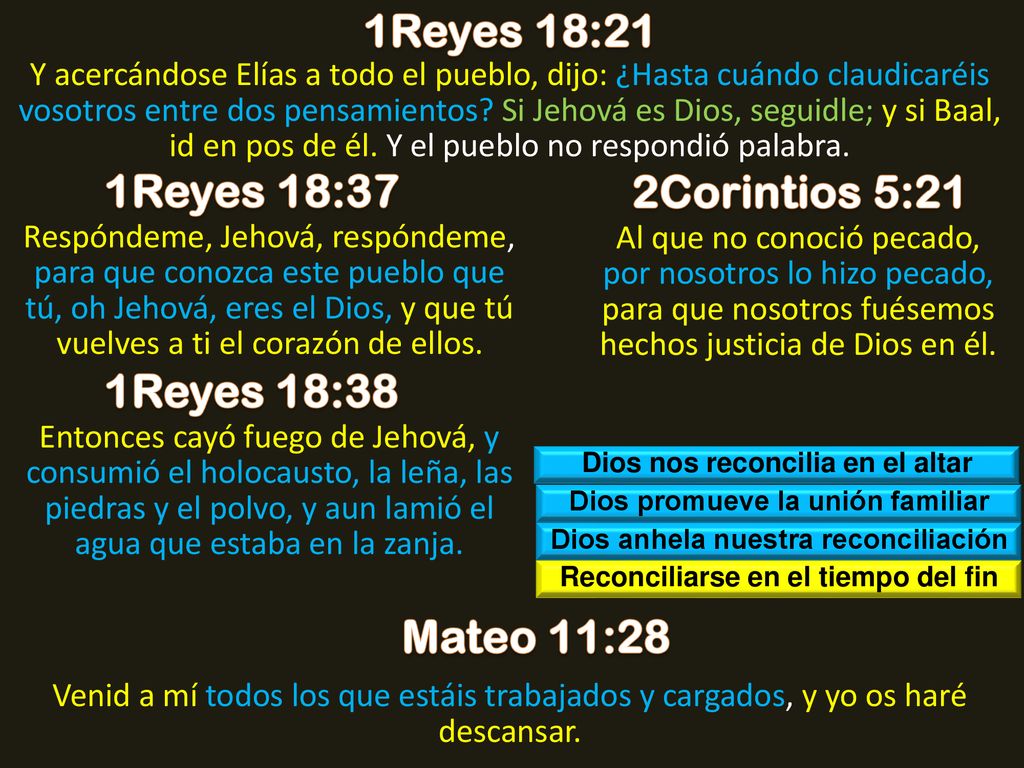1Reyes 18:21 1Reyes 18:37 2Corintios 5:21 1Reyes 18:38 Mateo 11:28