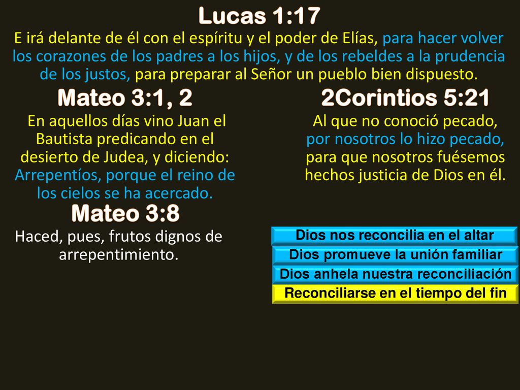 Lucas 1:17 Mateo 3:1, 2 2Corintios 5:21 Mateo 3:8