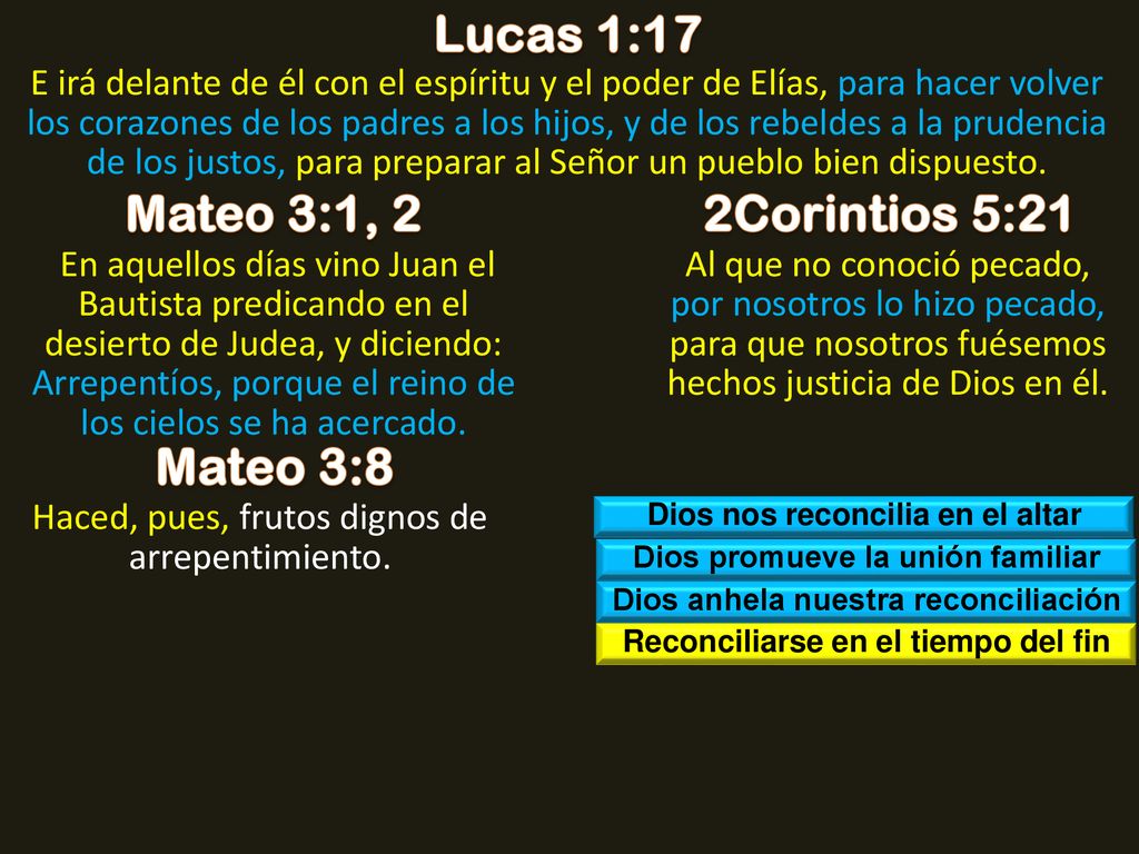 Lucas 1:17 Mateo 3:1, 2 2Corintios 5:21 Mateo 3:8