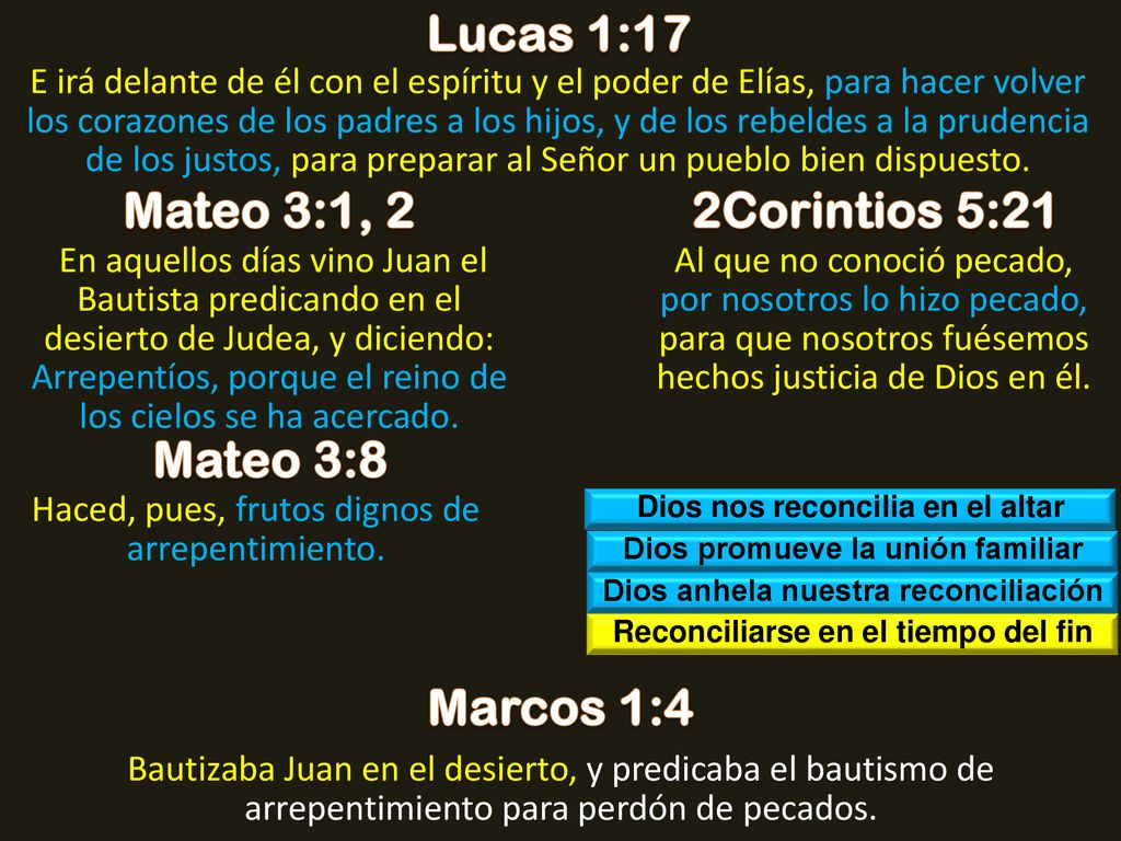 Lucas 1:17 Mateo 3:1, 2 2Corintios 5:21 Mateo 3:8 Marcos 1:4