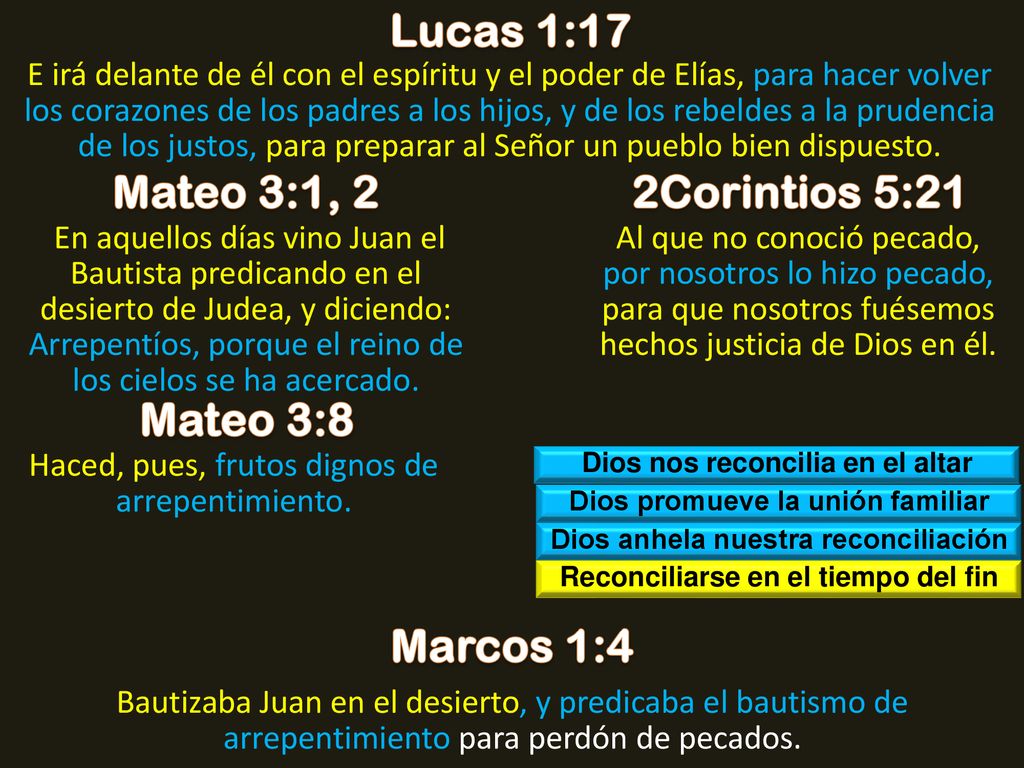 Lucas 1:17 Mateo 3:1, 2 2Corintios 5:21 Mateo 3:8 Marcos 1:4