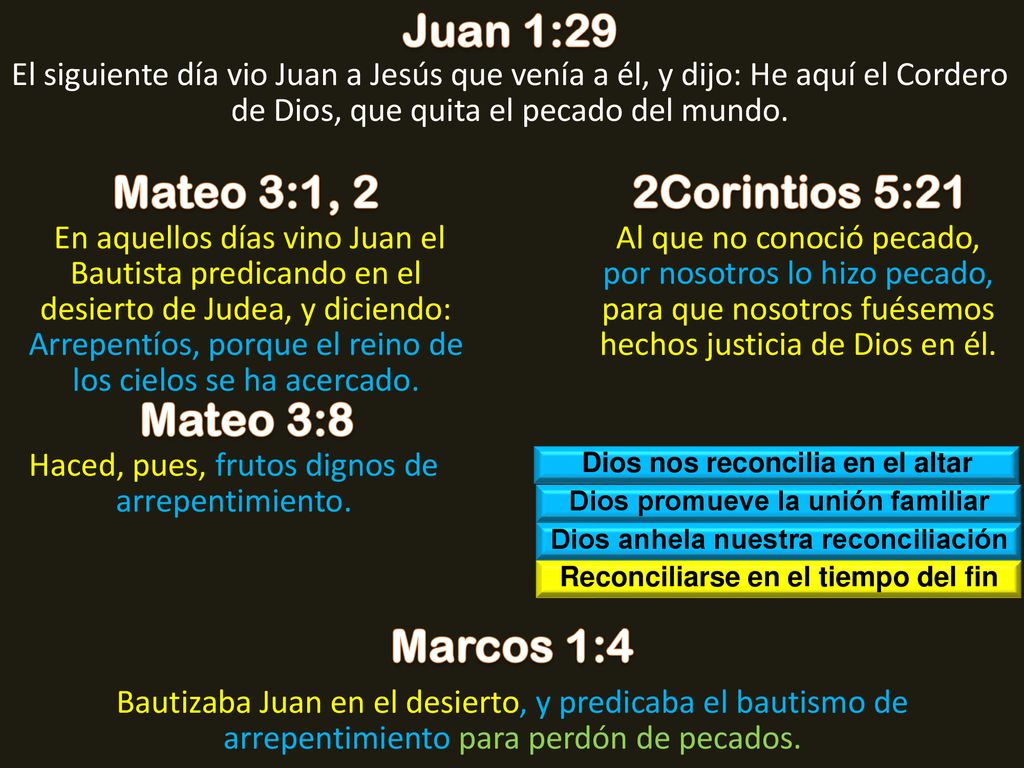 Juan 1:29 Mateo 3:1, 2 2Corintios 5:21 Mateo 3:8 Marcos 1:4