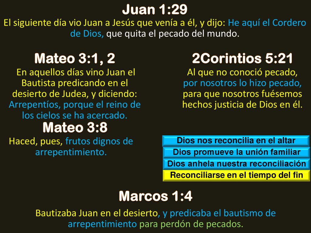 Juan 1:29 Mateo 3:1, 2 2Corintios 5:21 Mateo 3:8 Marcos 1:4