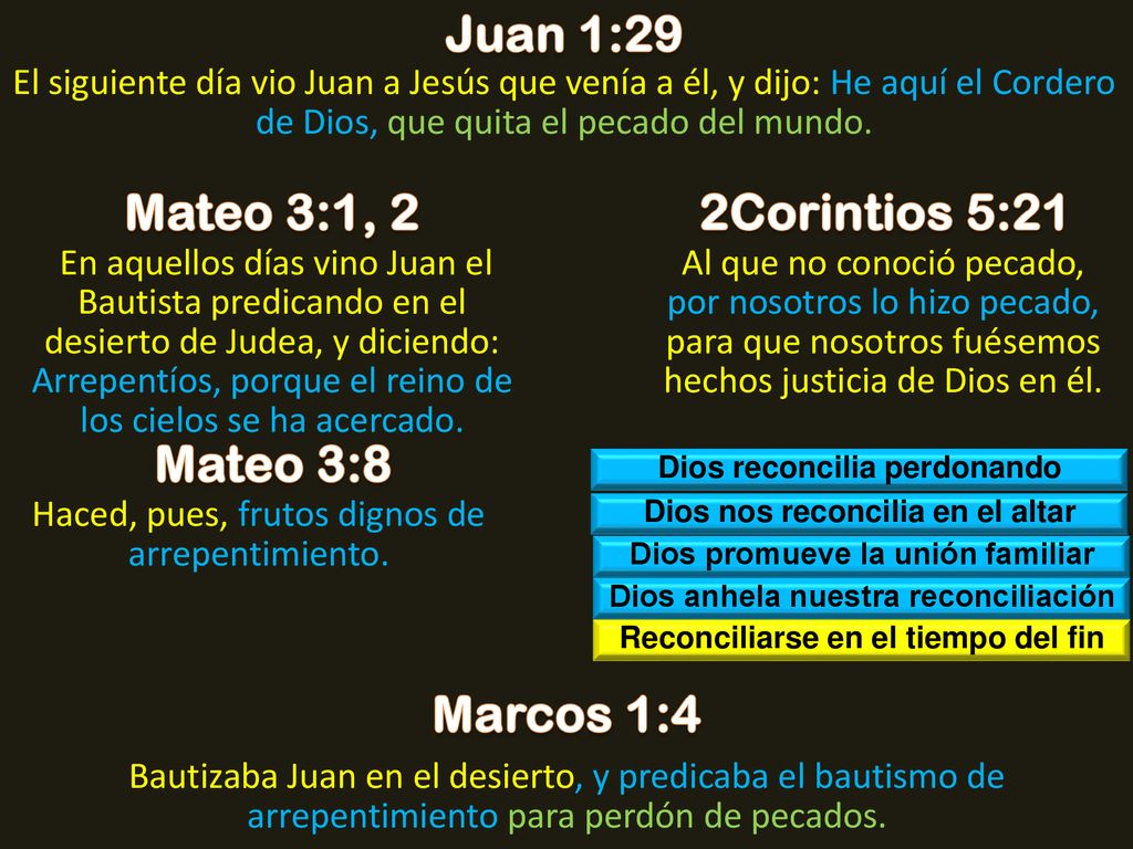 Juan 1:29 Mateo 3:1, 2 2Corintios 5:21 Mateo 3:8 Marcos 1:4