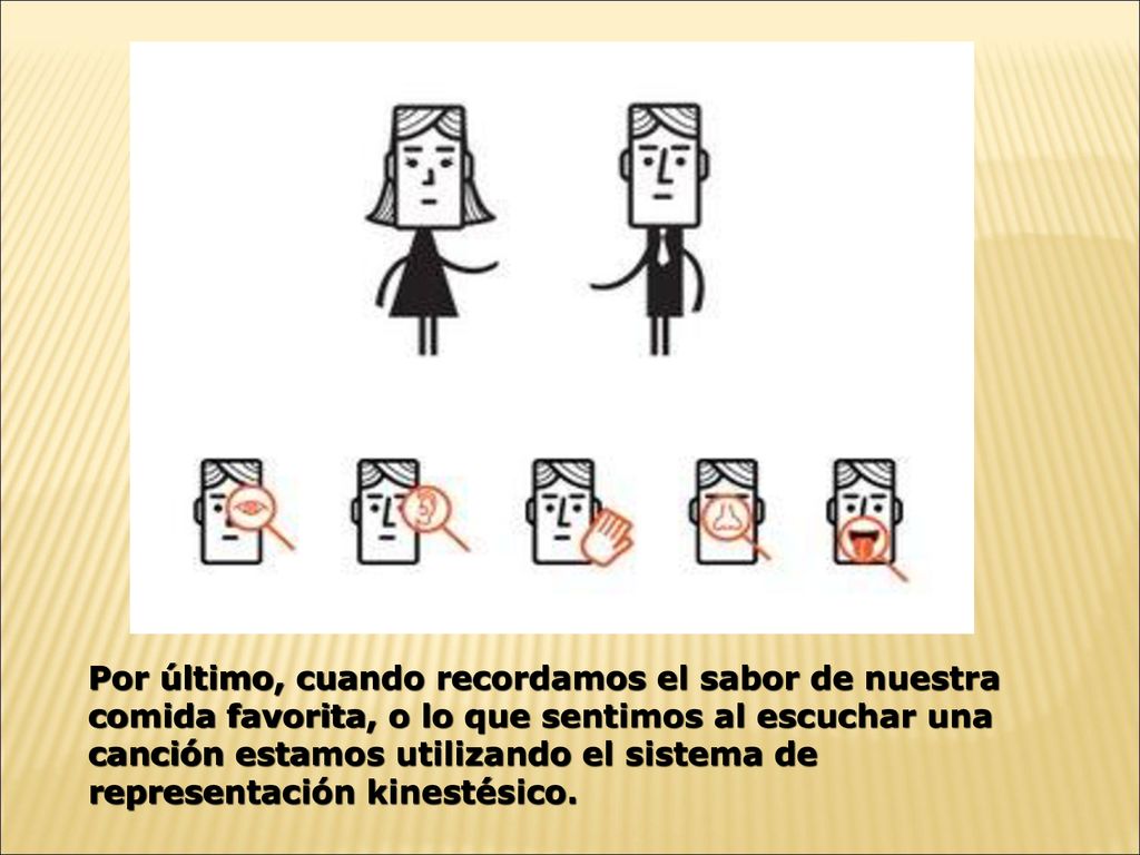 Por último, cuando recordamos el sabor de nuestra comida favorita, o lo que sentimos al escuchar una canción estamos utilizando el sistema de representación kinestésico.