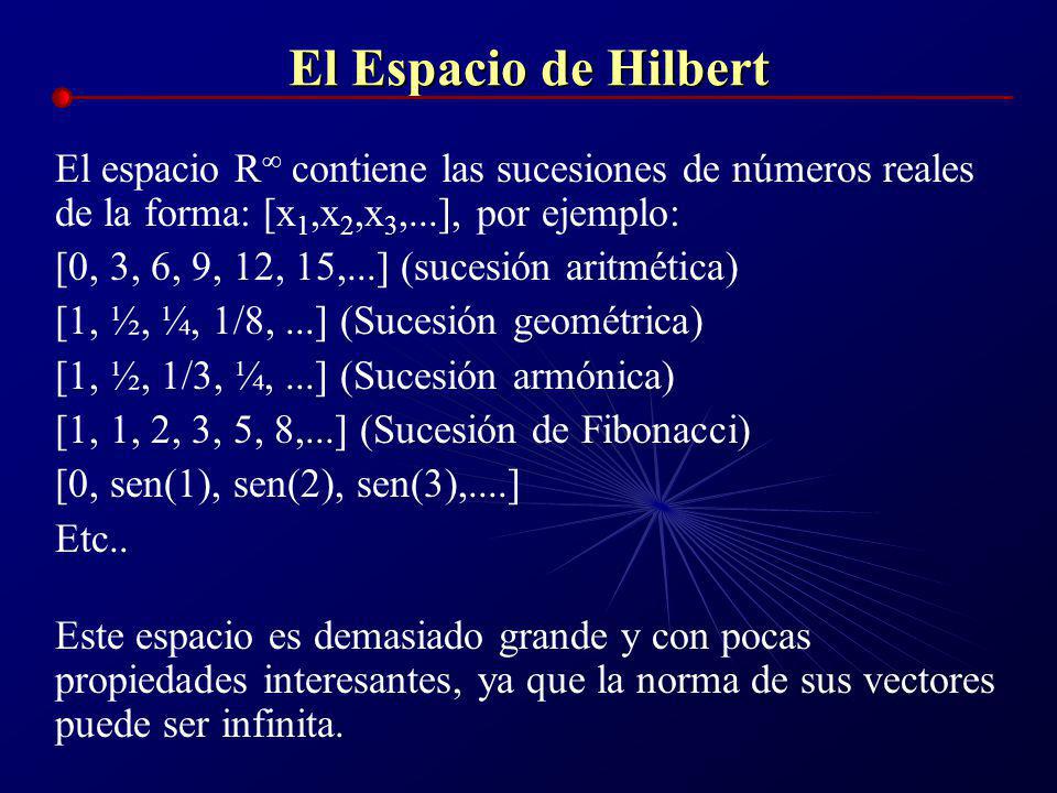 El Espacio de Hilbert El espacio R contiene las sucesiones de números reales de la forma: [x1,x2,x3,...], por ejemplo: