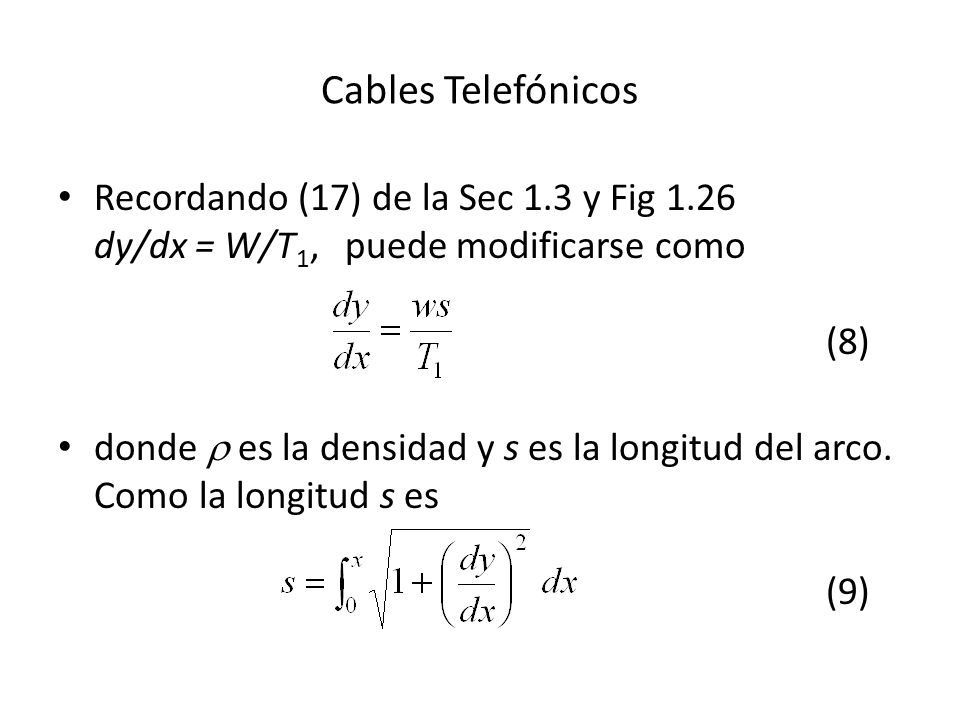 Cables Telefónicos Recordando (17) de la Sec 1.3 y Fig 1.26 dy/dx = W/T1, puede modificarse como (8)