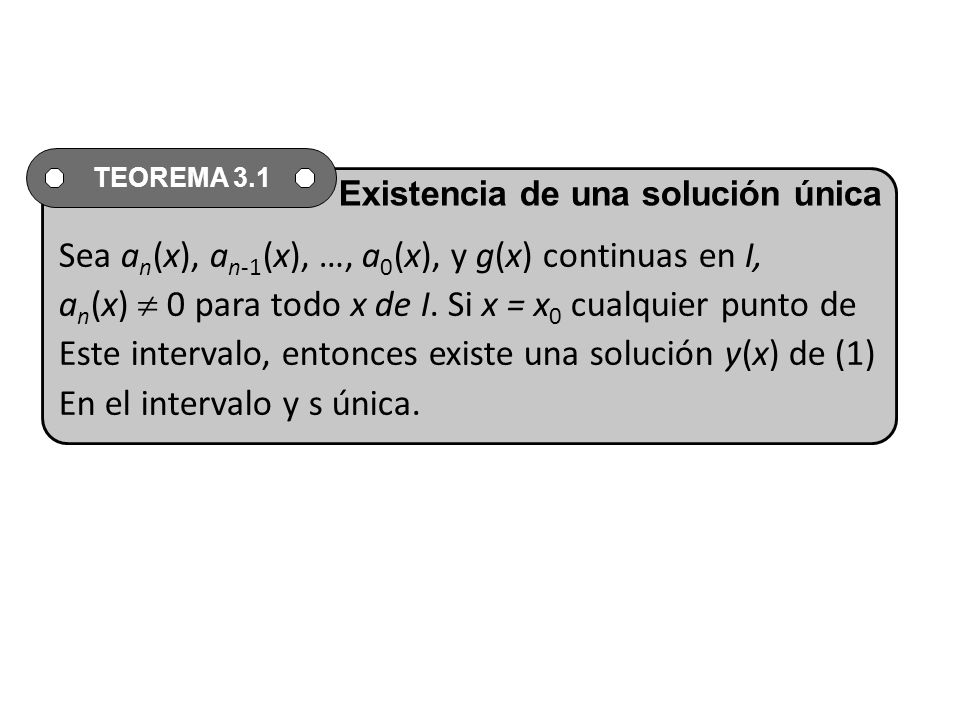 Sea an(x), an-1(x), …, a0(x), y g(x) continuas en I,