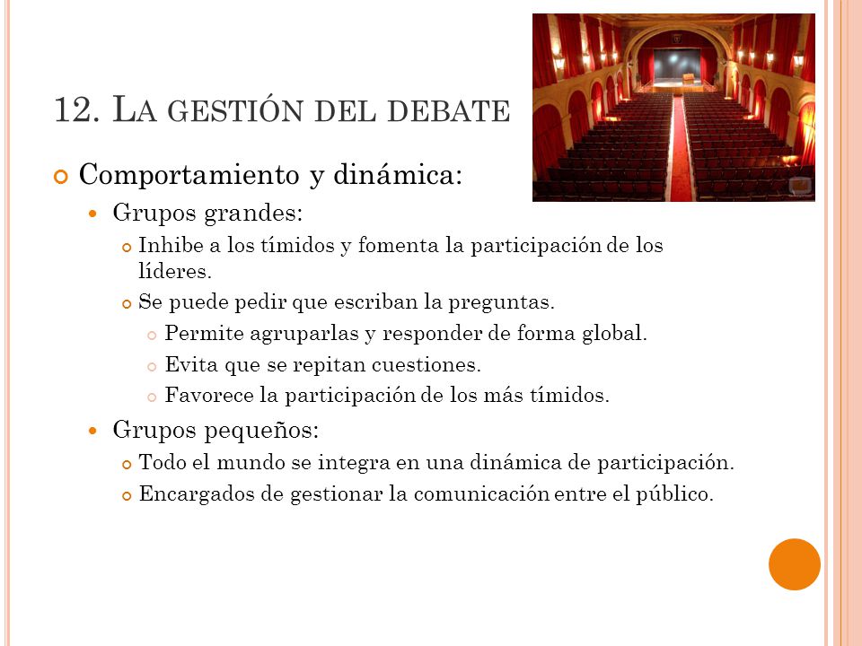 12. La gestión del debate Comportamiento y dinámica: Grupos grandes: