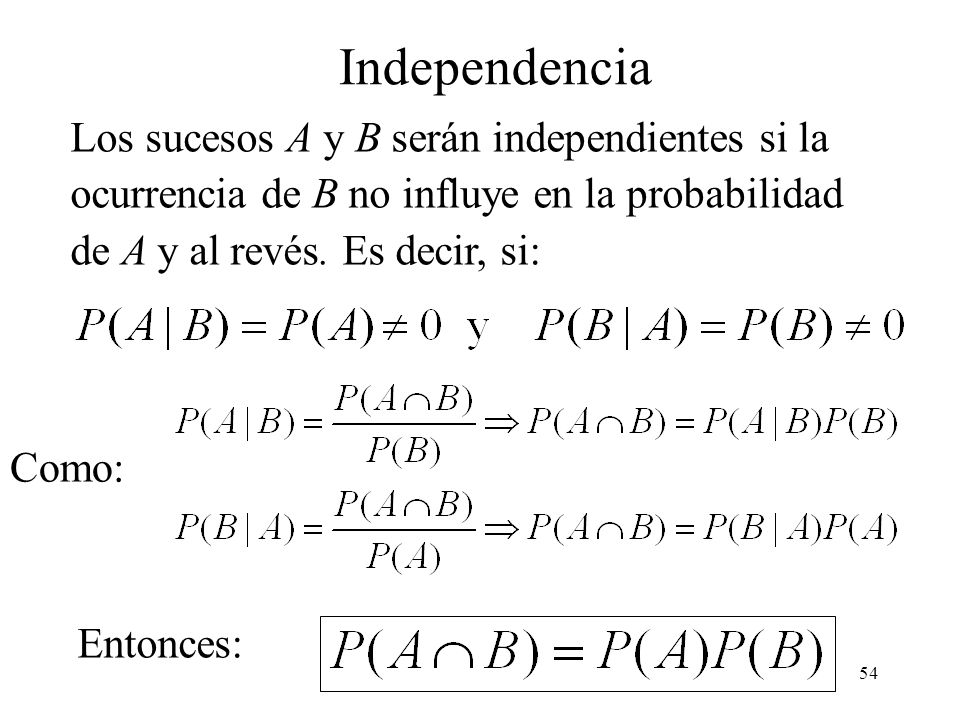 Independencia Los sucesos A y B serán independientes si la