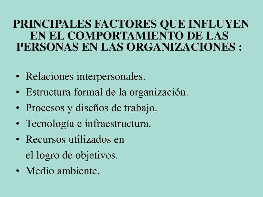 PRINCIPALES FACTORES QUE INFLUYEN EN EL COMPORTAMIENTO DE LAS PERSONAS EN LAS ORGANIZACIONES :