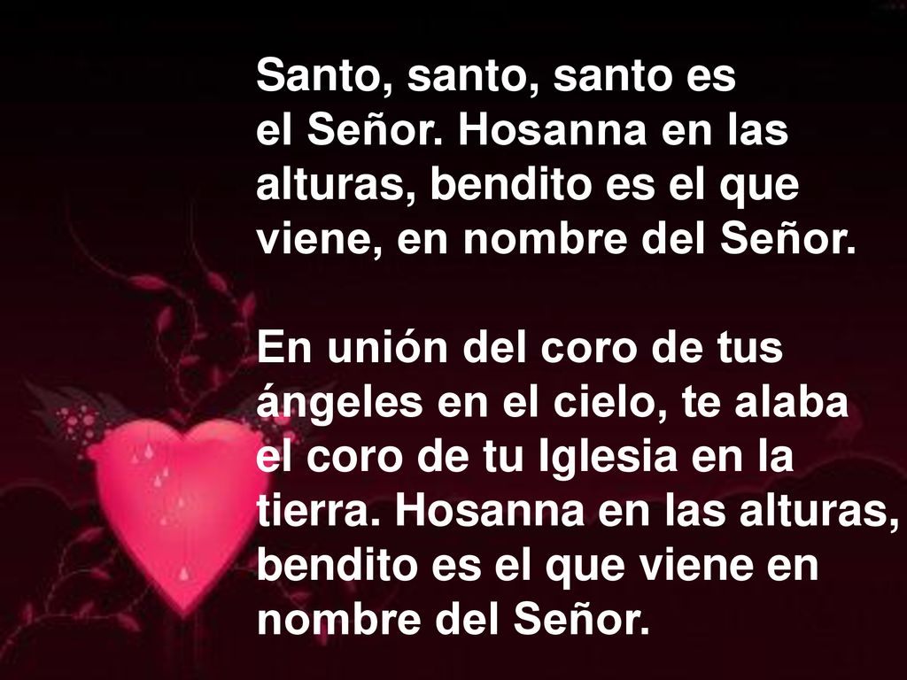 Santo, santo, santo es el Señor. Hosanna en las. alturas, bendito es el que. viene, en nombre del Señor.
