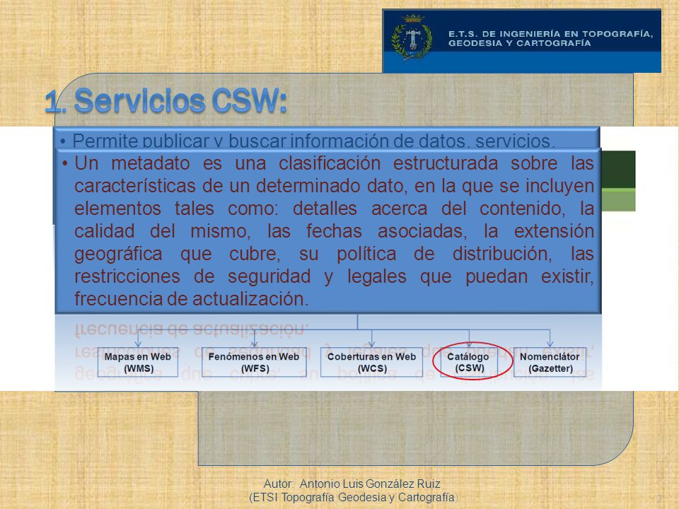 1. Servicios CSW: Permite publicar y buscar información de datos, servicios, aplicaciones y en general de todo tipo de recursos.