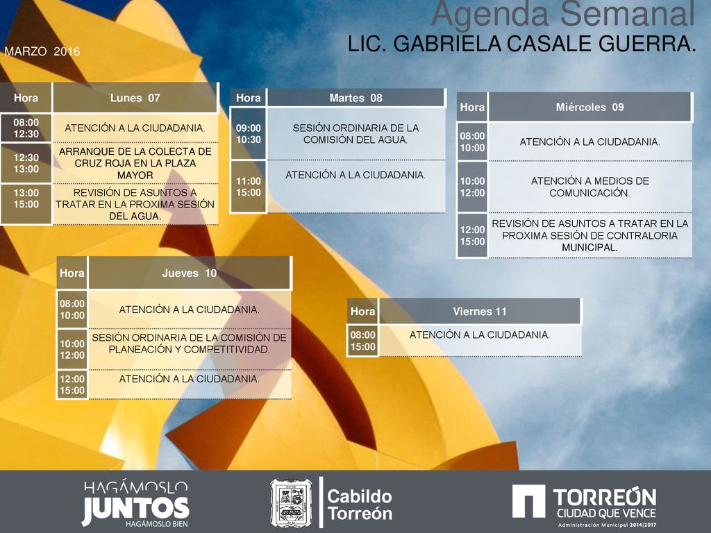 Agenda Semanal LIC. GABRIELA CASALE GUERRA. Cabildo Torreón MARZO 2016