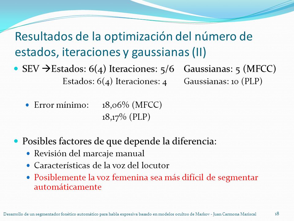 Resultados de la optimización del número de estados, iteraciones y gaussianas (II)