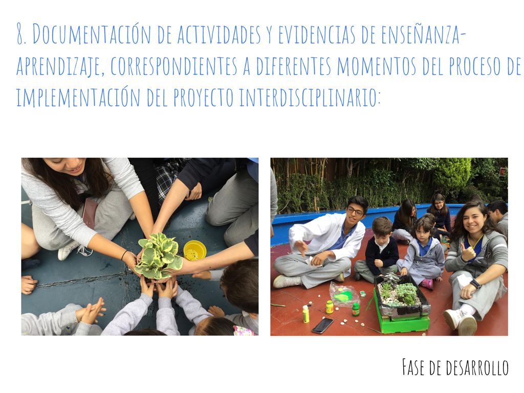 8. Documentación de actividades y evidencias de enseñanza-aprendizaje, correspondientes a diferentes momentos del proceso de implementación del proyecto interdisciplinario: