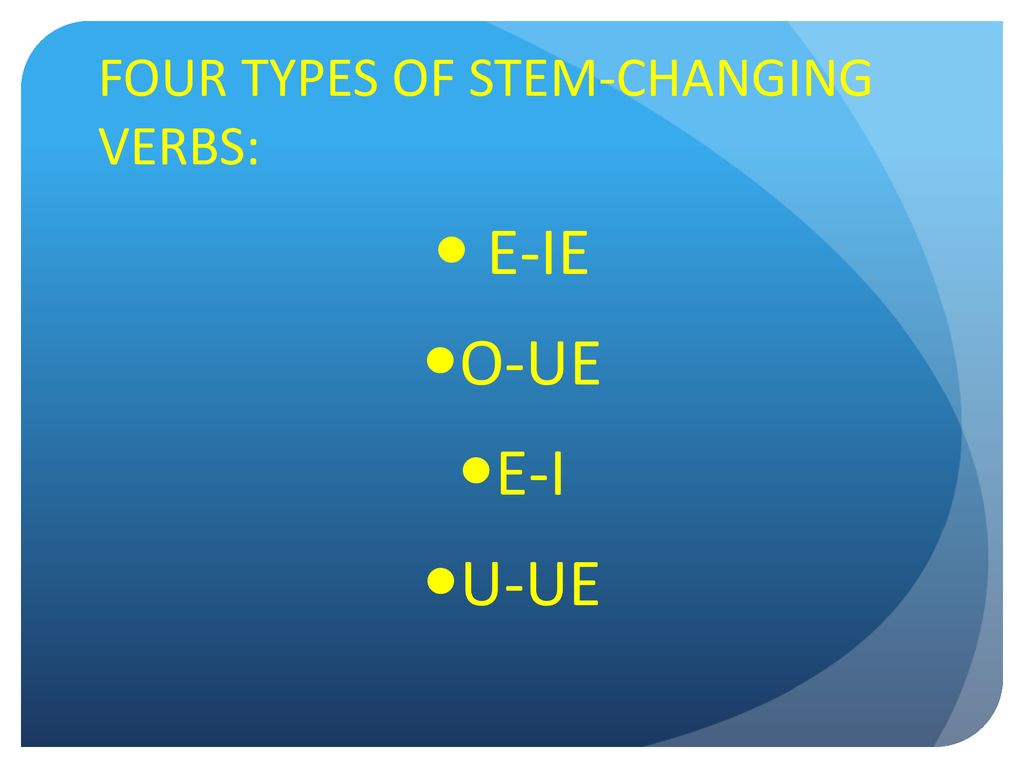 FOUR TYPES OF STEM-CHANGING VERBS:
