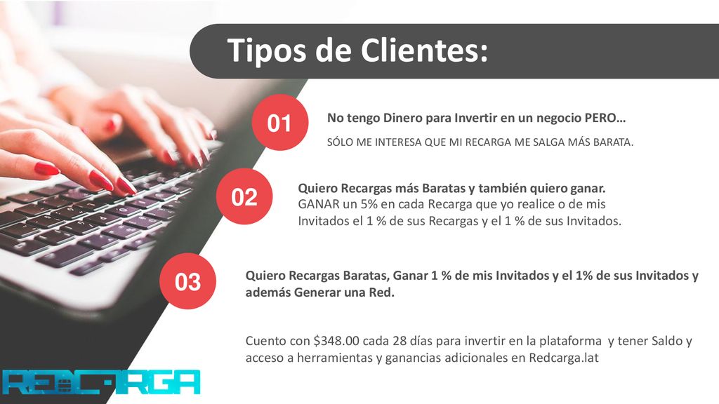 Tipos de Clientes: 01. SÓLO ME INTERESA QUE MI RECARGA ME SALGA MÁS BARATA. No tengo Dinero para Invertir en un negocio PERO…
