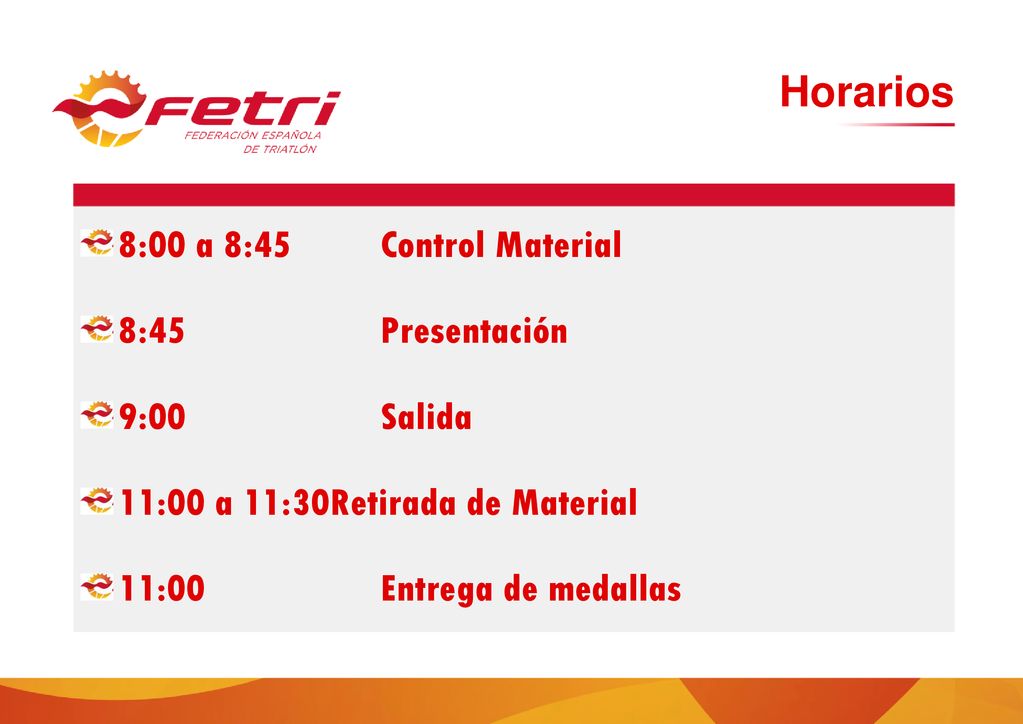 Horarios 8:00 a 8:45 Control Material 8:45 Presentación 9:00 Salida