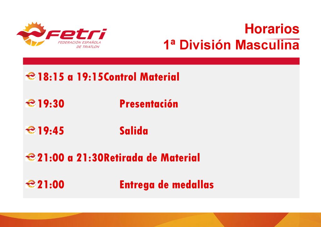Horarios 1ª División Masculina 18:15 a 19:15 Control Material