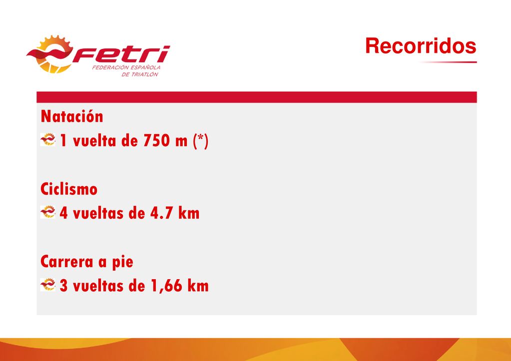 Recorridos Natación 1 vuelta de 750 m (*) Ciclismo 4 vueltas de 4.7 km