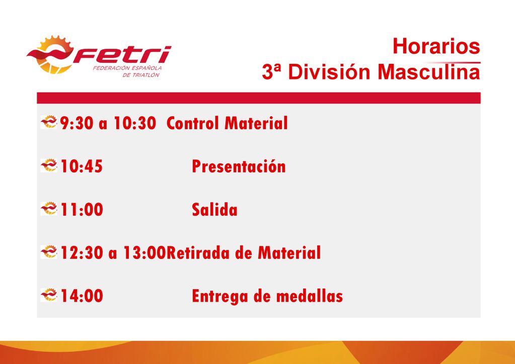 Horarios 3ª División Masculina 9:30 a 10:30 Control Material