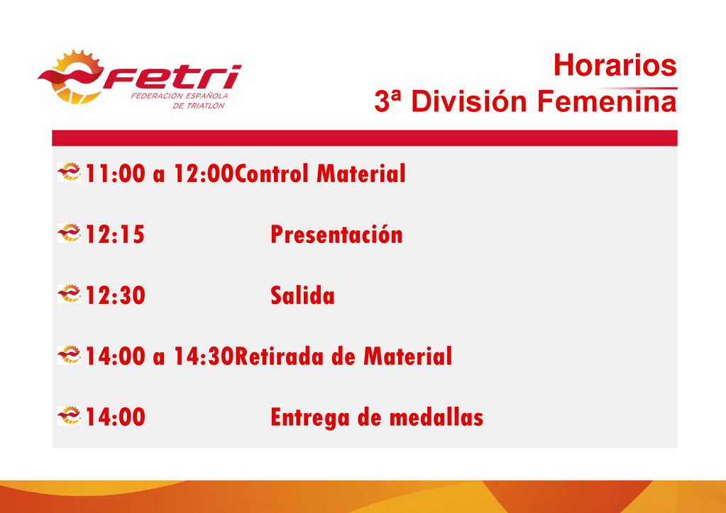 Horarios 3ª División Femenina 11:00 a 12:00 Control Material