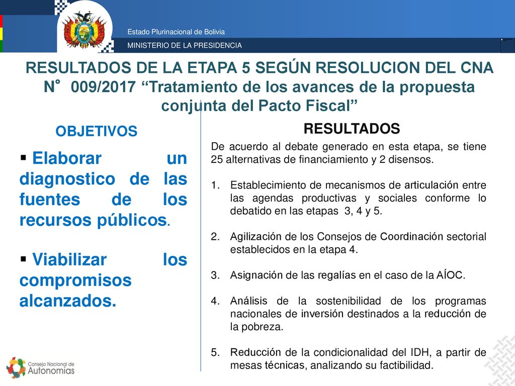 RESULTADOS DE LA ETAPA 5 SEGÚN RESOLUCION DEL CNA N°009/2017 Tratamiento de los avances de la propuesta conjunta del Pacto Fiscal