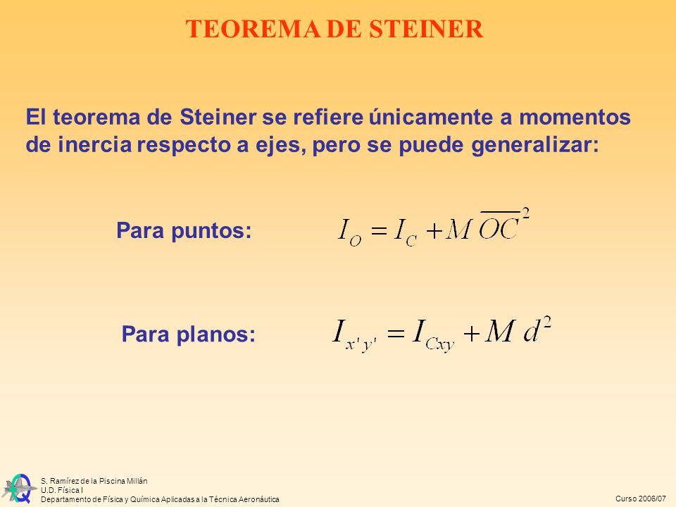 TEOREMA DE STEINER El teorema de Steiner se refiere únicamente a momentos de inercia respecto a ejes, pero se puede generalizar: