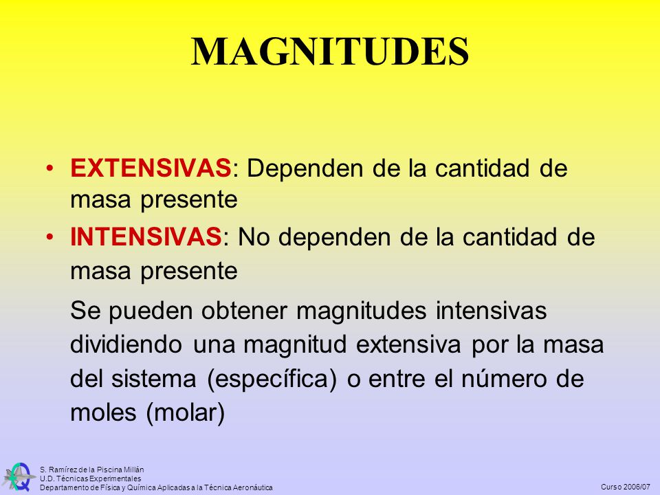 MAGNITUDES EXTENSIVAS: Dependen de la cantidad de masa presente