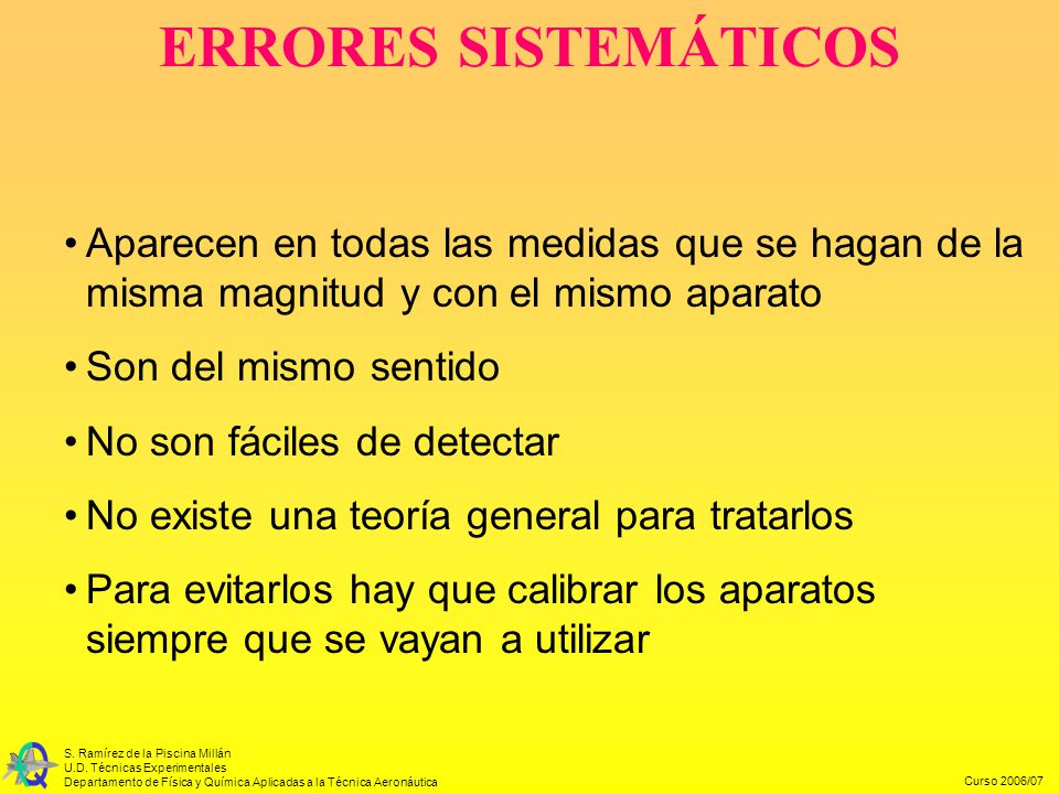 ERRORES SISTEMÁTICOS Aparecen en todas las medidas que se hagan de la misma magnitud y con el mismo aparato.