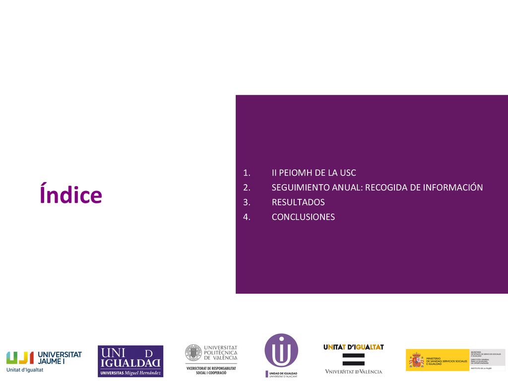 Índice II PEIOMH DE LA USC SEGUIMIENTO ANUAL: RECOGIDA DE INFORMACIÓN
