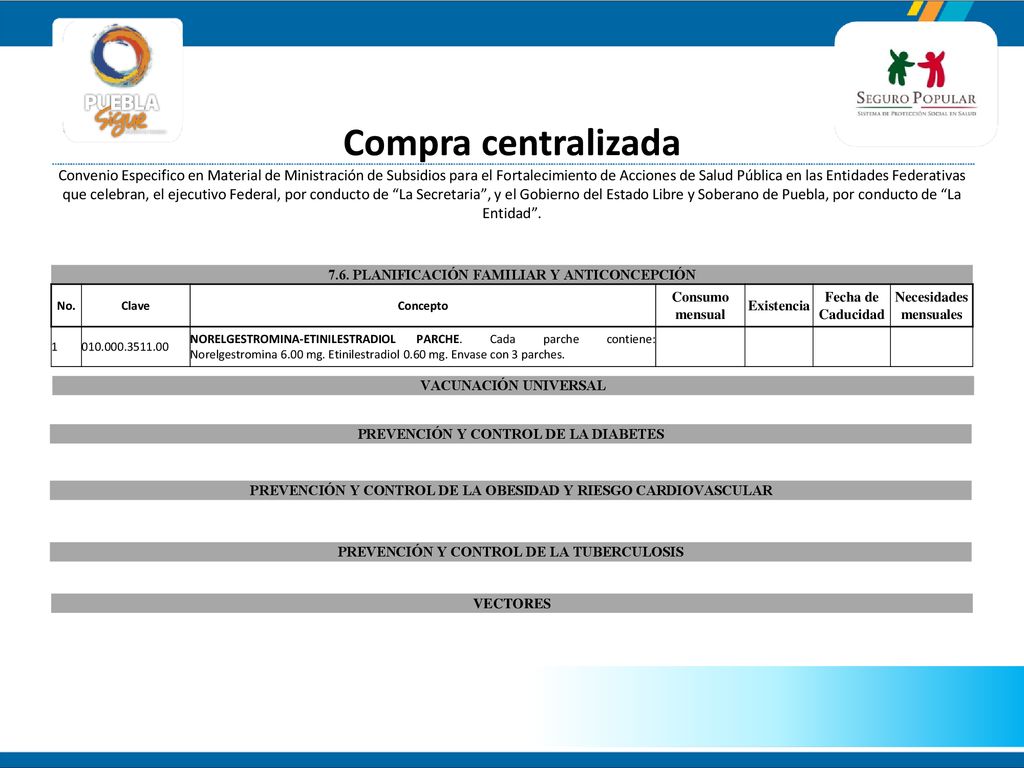 Compra centralizada Convenio Especifico en Material de Ministración de Subsidios para el Fortalecimiento de Acciones de Salud Pública en las Entidades Federativas que celebran, el ejecutivo Federal, por conducto de La Secretaria , y el Gobierno del Estado Libre y Soberano de Puebla, por conducto de La Entidad .