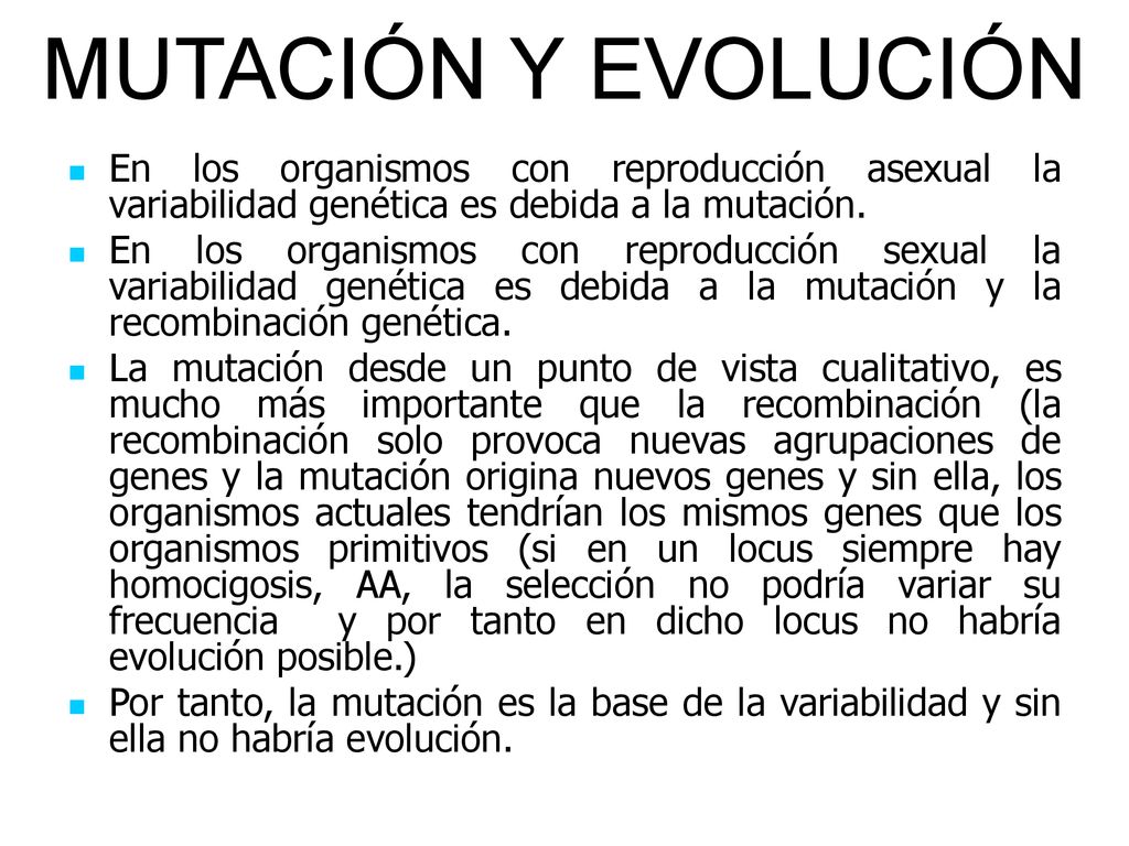 MUTACIÓN Y EVOLUCIÓN En los organismos con reproducción asexual la variabilidad genética es debida a la mutación.