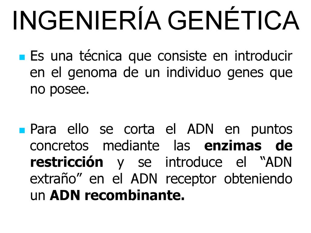INGENIERÍA GENÉTICA Es una técnica que consiste en introducir en el genoma de un individuo genes que no posee.