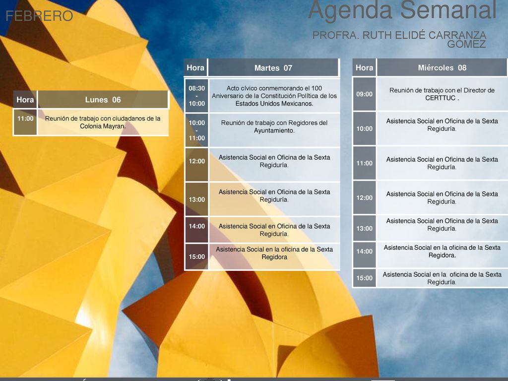 Agenda Semanal FEBRERO Cabildo Torreón PROFRA. RUTH ELIDÉ CARRANZA