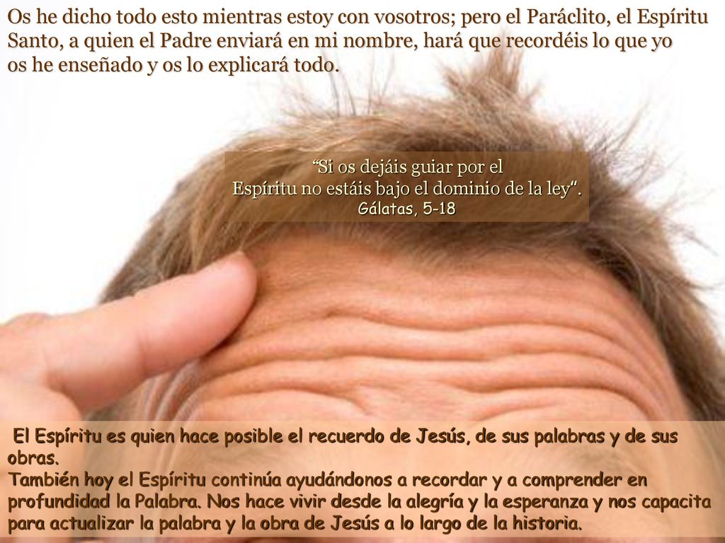 Os he dicho todo esto mientras estoy con vosotros; pero el Paráclito, el Espíritu Santo, a quien el Padre enviará en mi nombre, hará que recordéis lo que yo os he enseñado y os lo explicará todo.