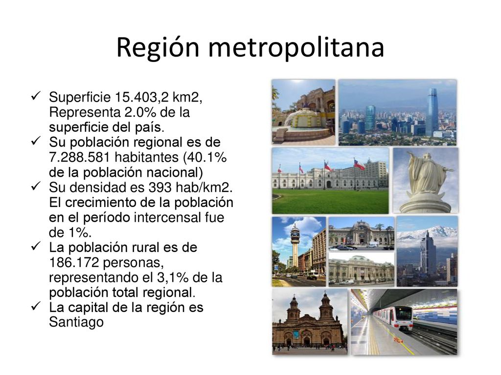 Región metropolitana Superficie ,2 km2, Representa 2.0% de la superficie del país.