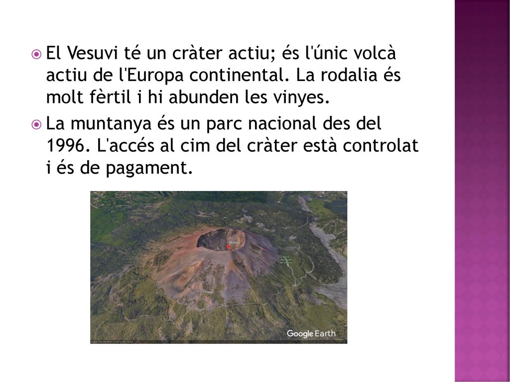 El Vesuvi té un cràter actiu; és l únic volcà actiu de l Europa continental. La rodalia és molt fèrtil i hi abunden les vinyes.
