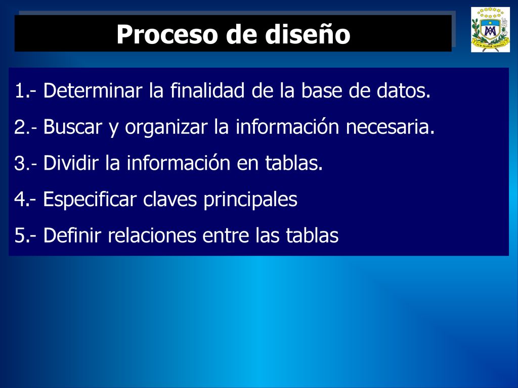 Proceso de diseño 1.- Determinar la finalidad de la base de datos.