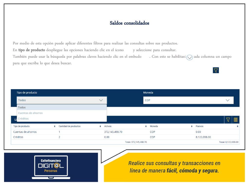 Saldos consolidados Por medio de esta opción puede aplicar diferentes filtros para realizar las consultas sobre sus productos.