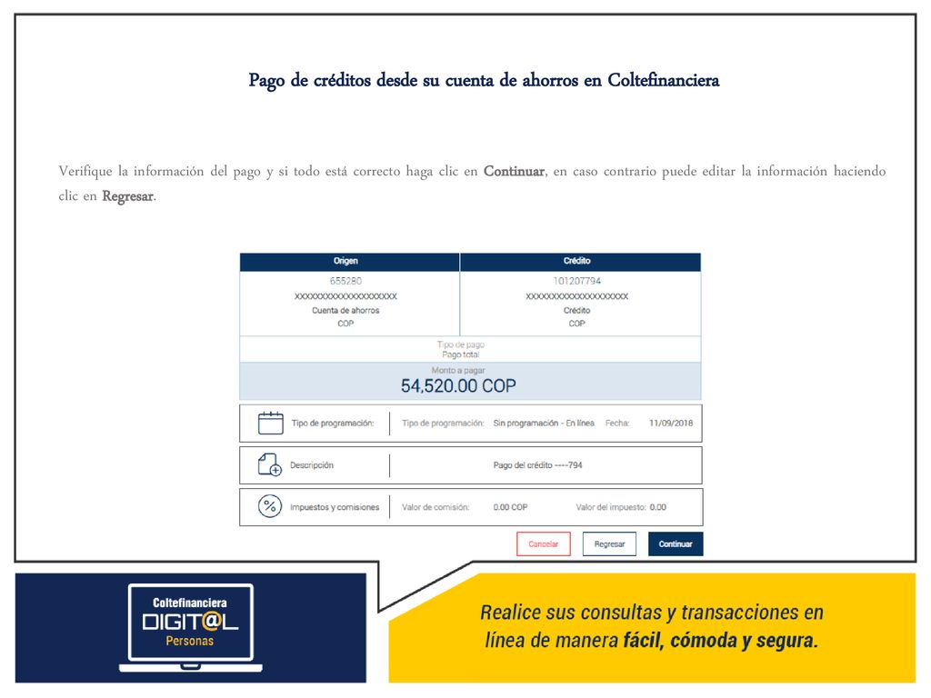 Pago de créditos desde su cuenta de ahorros en Coltefinanciera