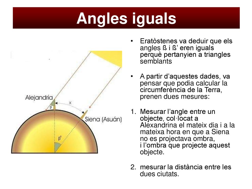 Angles iguals Eratòstenes va deduir que els angles ß i ß’ eren iguals perquè pertanyien a triangles semblants.