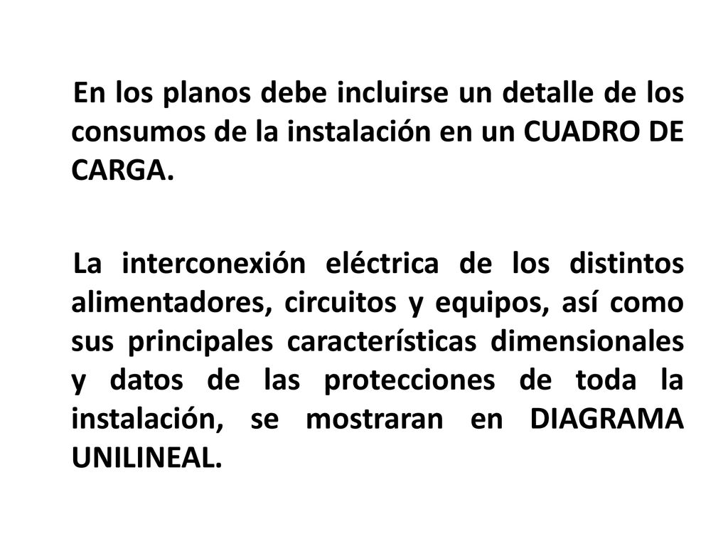En los planos debe incluirse un detalle de los consumos de la instalación en un CUADRO DE CARGA.