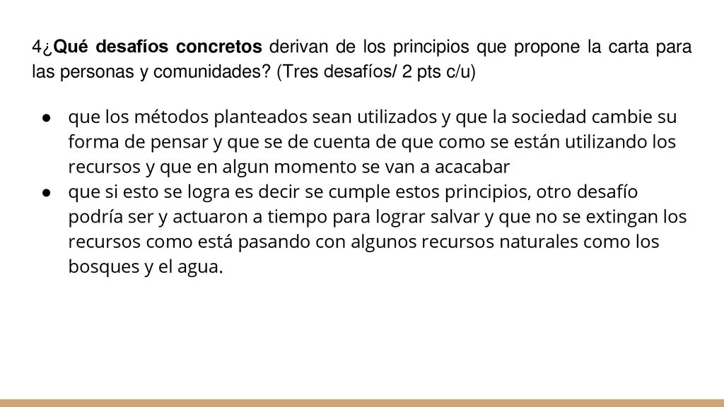 4¿Qué desafíos concretos derivan de los principios que propone la carta para las personas y comunidades (Tres desafíos/ 2 pts c/u)