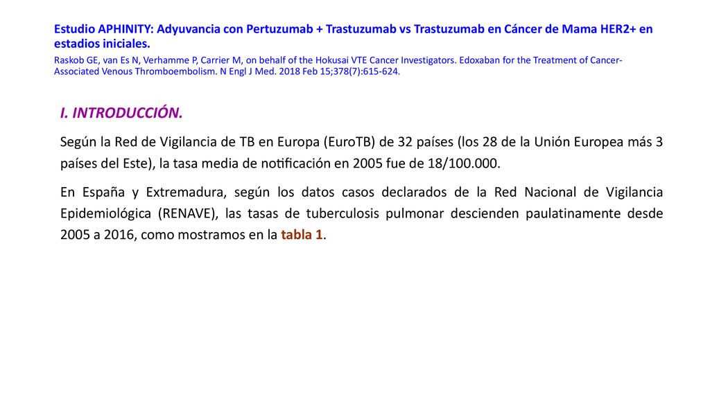 Estudio APHINITY: Adyuvancia con Pertuzumab + Trastuzumab vs Trastuzumab en Cáncer de Mama HER2+ en estadios iniciales. Raskob GE, van Es N, Verhamme P, Carrier M, on behalf of the Hokusai VTE Cancer Investigators. Edoxaban for the Treatment of Cancer-Associated Venous Thromboembolism. N Engl J Med Feb 15;378(7):