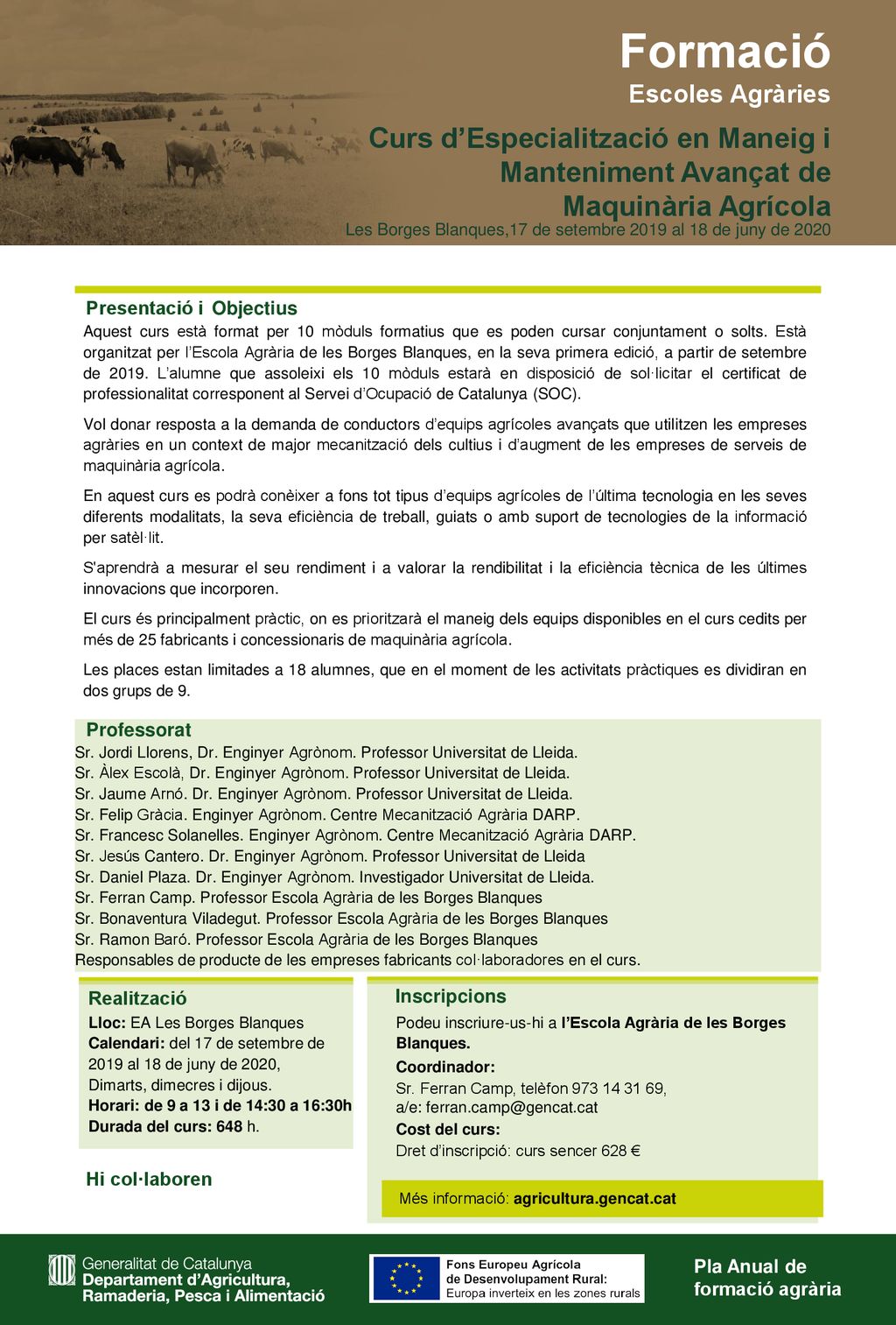 Formació Escoles Agràries. Curs d’Especialització en Maneig i Manteniment Avançat de Maquinària Agrícola.