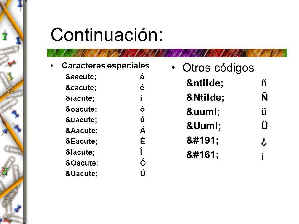 Continuación: Otros códigos ñ ñ Ñ Ñ ü ü &Uumi; Ü