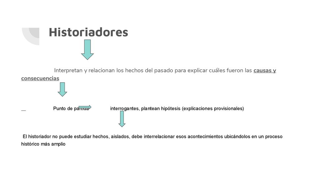 Historiadores Interpretan y relacionan los hechos del pasado para explicar cuáles fueron las causas y consecuencias.